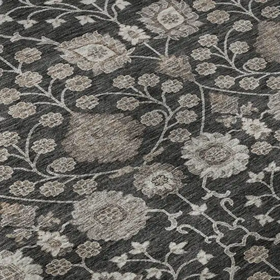 8' Black Beige And Brown Floral Washable Round Rug With UV Protection Photo 8