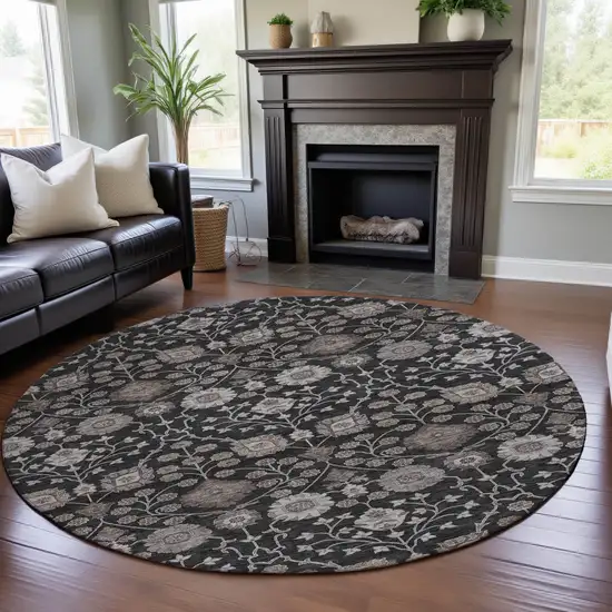 8' Black Beige And Brown Floral Washable Round Rug With UV Protection Photo 4