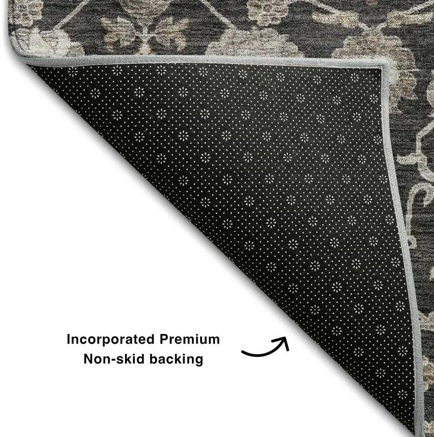 8' Black Beige And Brown Floral Washable Round Rug With UV Protection Photo 5