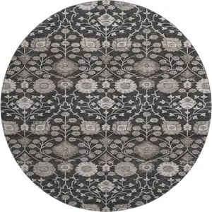 Photo of 8' Black Beige And Brown Floral Washable Round Rug With UV Protection