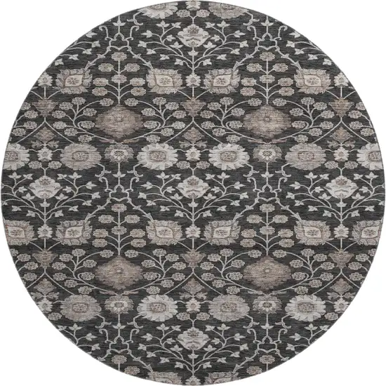 8' Black Beige And Brown Floral Washable Round Rug With UV Protection Photo 1