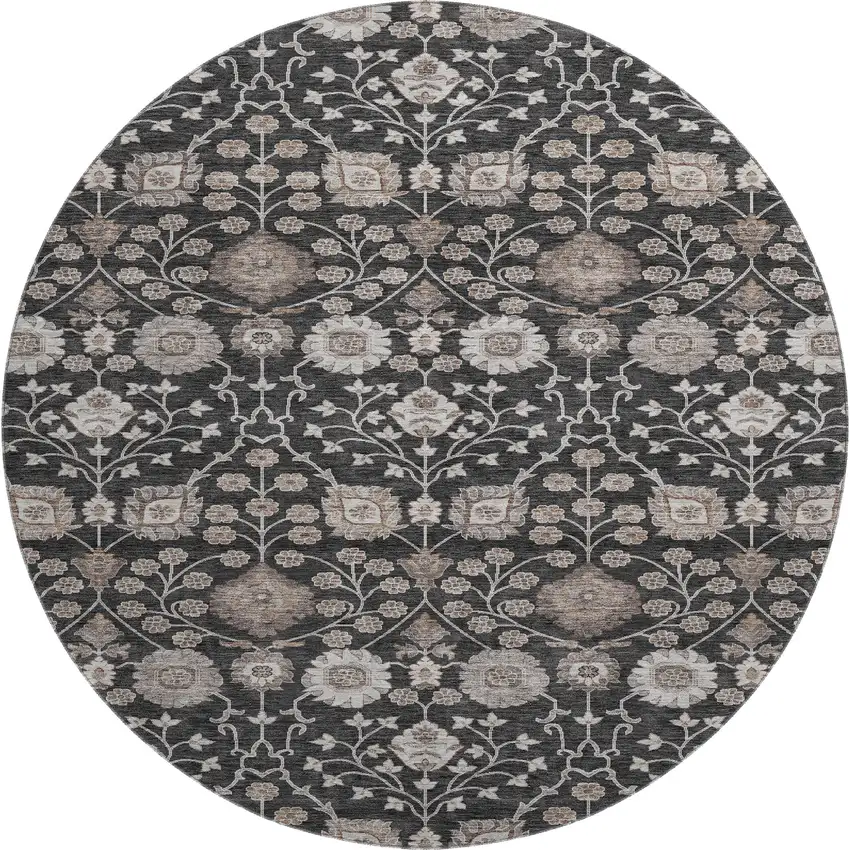 8' Black Beige And Brown Floral Washable Round Rug With UV Protection Photo 1