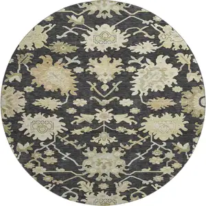 Photo of 8' Black Beige And Gold Floral Medallion Washable Round Rug With UV Protection