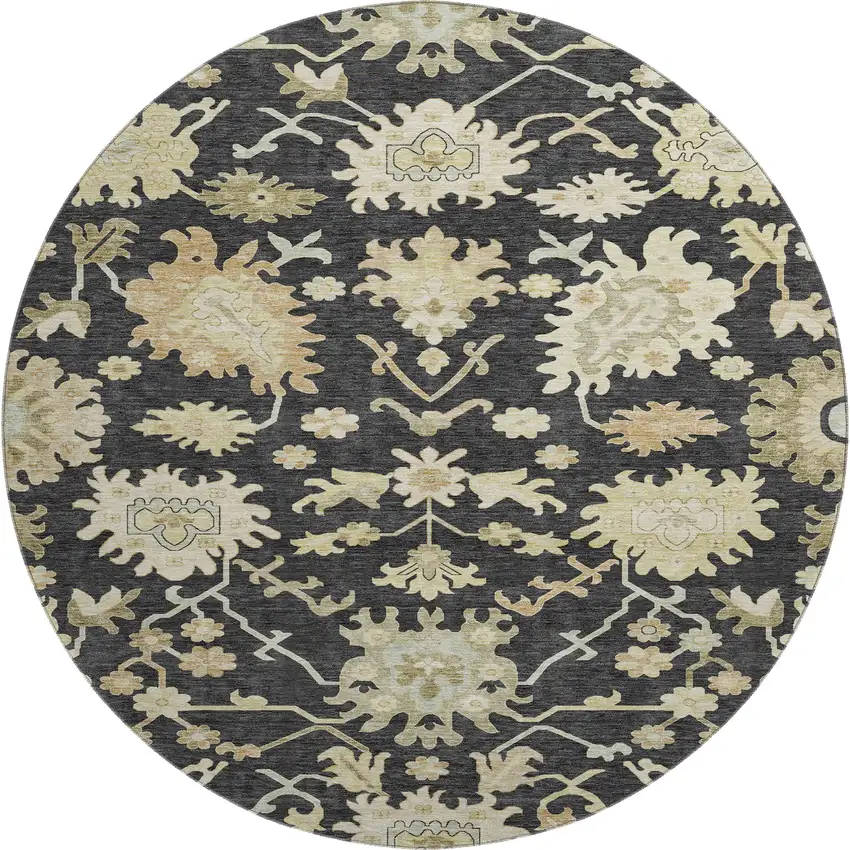 8' Black Beige And Gold Floral Medallion Washable Round Rug With UV Protection Photo 1