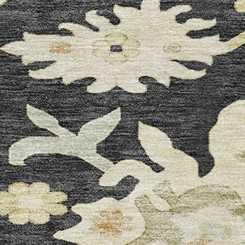 8' Black Beige And Gold Floral Medallion Washable Round Rug With UV Protection Photo 2