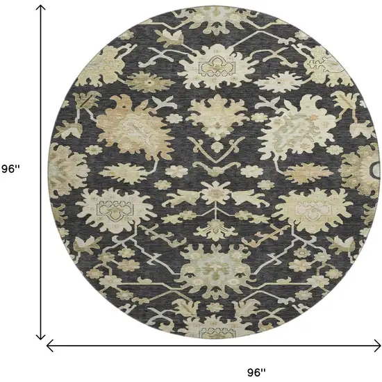8' Black Beige And Gold Floral Medallion Washable Round Rug With UV Protection Photo 9