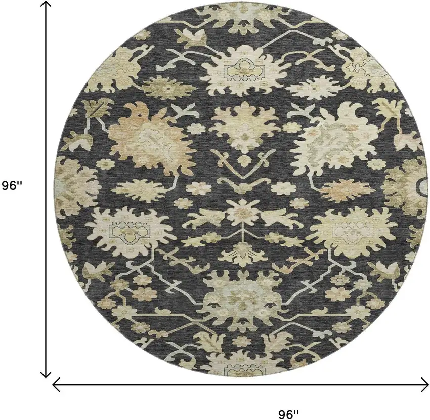 8' Black Beige And Gold Floral Medallion Washable Round Rug With UV Protection Photo 9