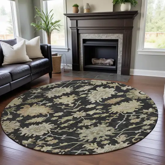 8' Black Beige And Gold Floral Medallion Washable Round Rug With UV Protection Photo 4