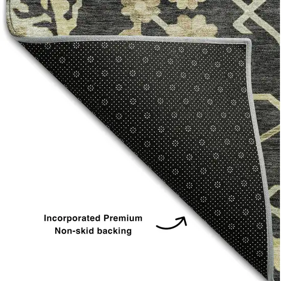 8' Black Beige And Gold Floral Medallion Washable Round Rug With UV Protection Photo 5