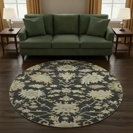 8' Black Beige And Gold Floral Medallion Washable Round Rug With UV Protection Photo 2