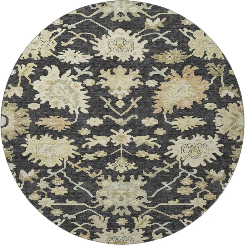 8' Black Beige And Gold Floral Medallion Washable Round Rug With UV Protection Photo 3