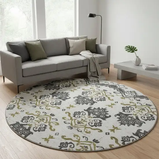 8' Black Beige And Gold Medallion Washable Round Rug With UV Protection Photo 2