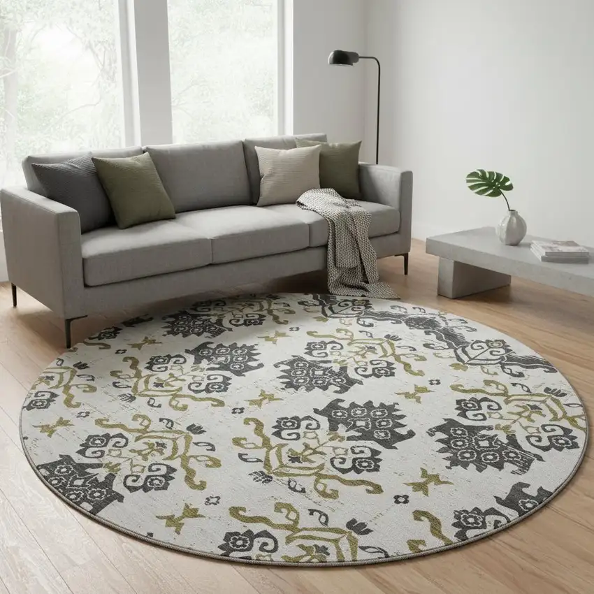 8' Black Beige And Gold Medallion Washable Round Rug With UV Protection Photo 2