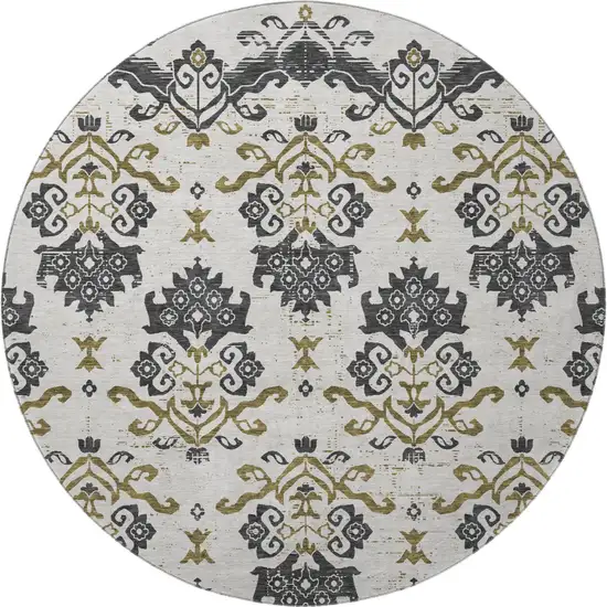 8' Black Beige And Gold Medallion Washable Round Rug With UV Protection Photo 4