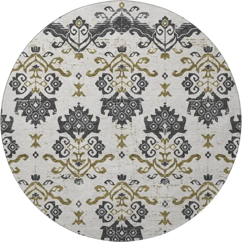8' Black Beige And Gold Medallion Washable Round Rug With UV Protection Photo 4