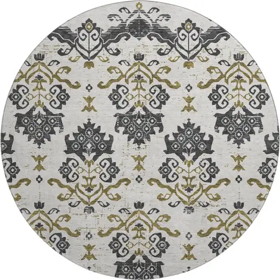 8' Black Beige And Gold Medallion Washable Round Rug With UV Protection Photo 1