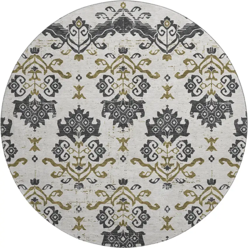 8' Black Beige And Gold Medallion Washable Round Rug With UV Protection Photo 1