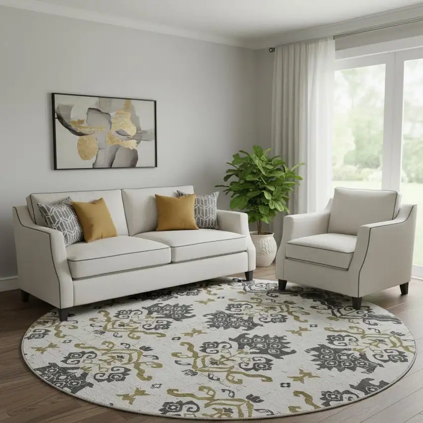 8' Black Beige And Gold Medallion Washable Round Rug With UV Protection Photo 1