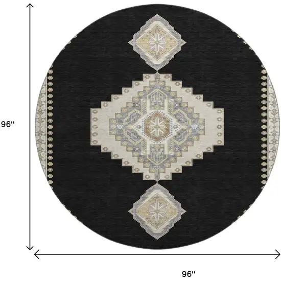 8' Black Beige And Gold Oriental Washable Round Rug With UV Protection Photo 9