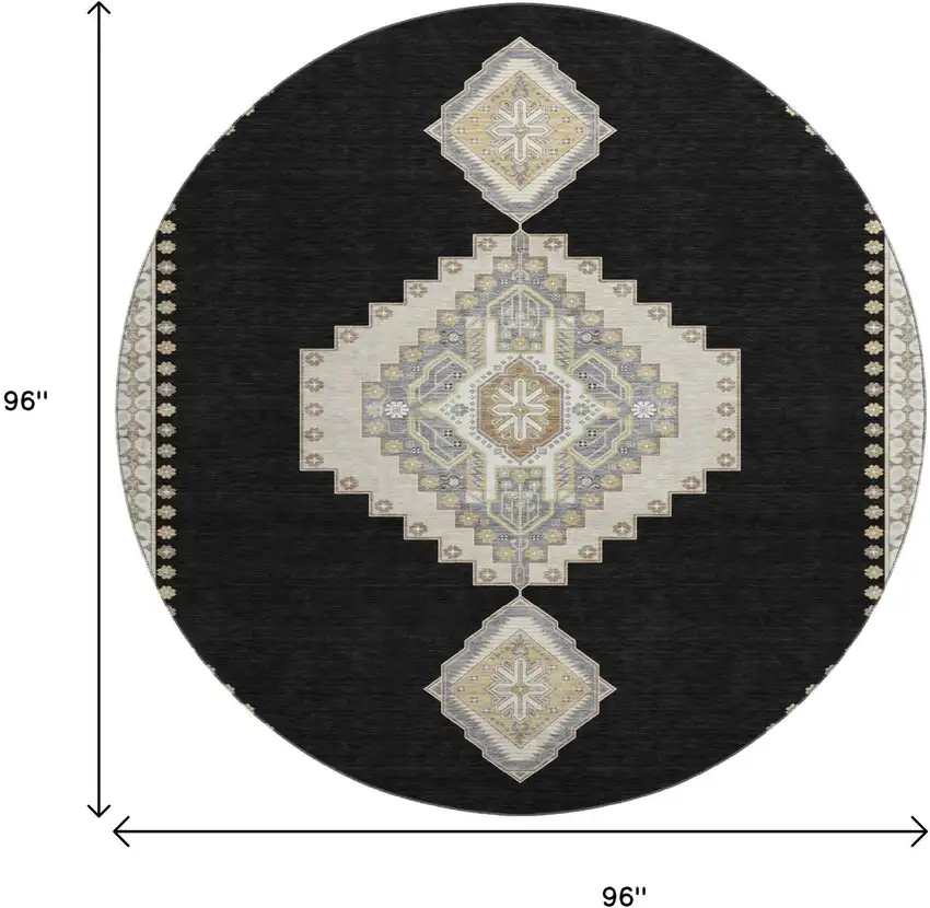 8' Black Beige And Gold Oriental Washable Round Rug With UV Protection Photo 9