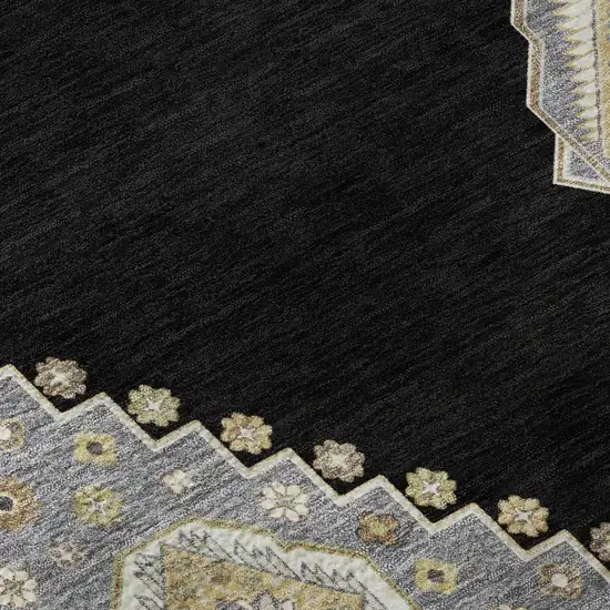 8' Black Beige And Gold Oriental Washable Round Rug With UV Protection Photo 8