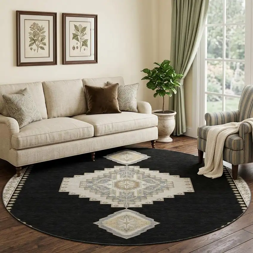 8' Black Beige And Gold Oriental Washable Round Rug With UV Protection Photo 1