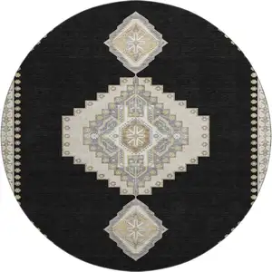 Photo of 8' Black Beige And Gold Oriental Washable Round Rug With UV Protection