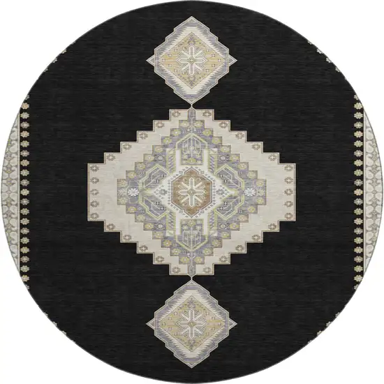 8' Black Beige And Gold Oriental Washable Round Rug With UV Protection Photo 1