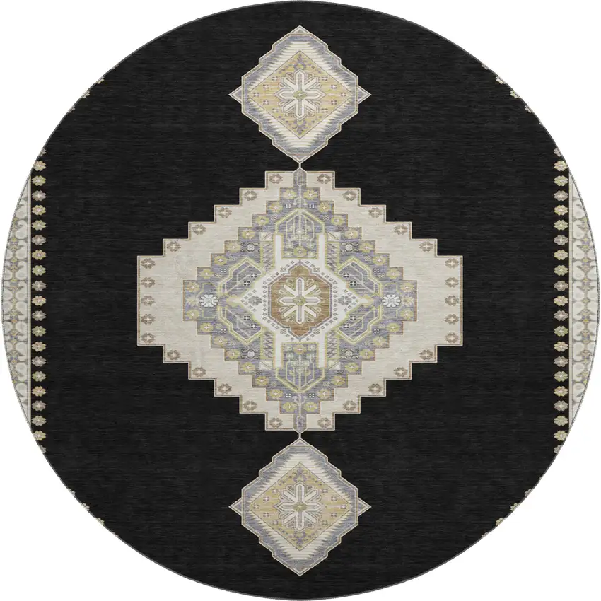 8' Black Beige And Gold Oriental Washable Round Rug With UV Protection Photo 1
