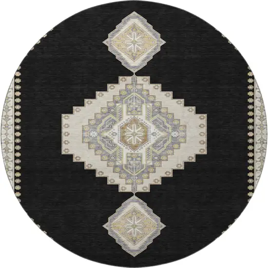 8' Black Beige And Gold Oriental Washable Round Rug With UV Protection Photo 3