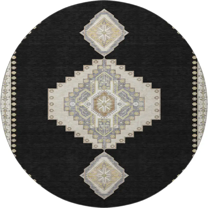 8' Black Beige And Gold Oriental Washable Round Rug With UV Protection Photo 3
