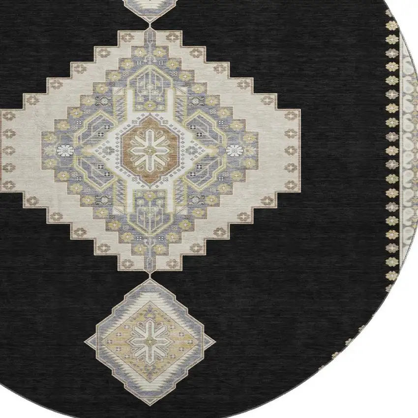 8' Black Beige And Gold Oriental Washable Round Rug With UV Protection Photo 2
