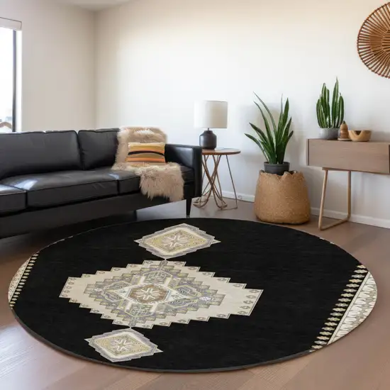 8' Black Beige And Gold Oriental Washable Round Rug With UV Protection Photo 4