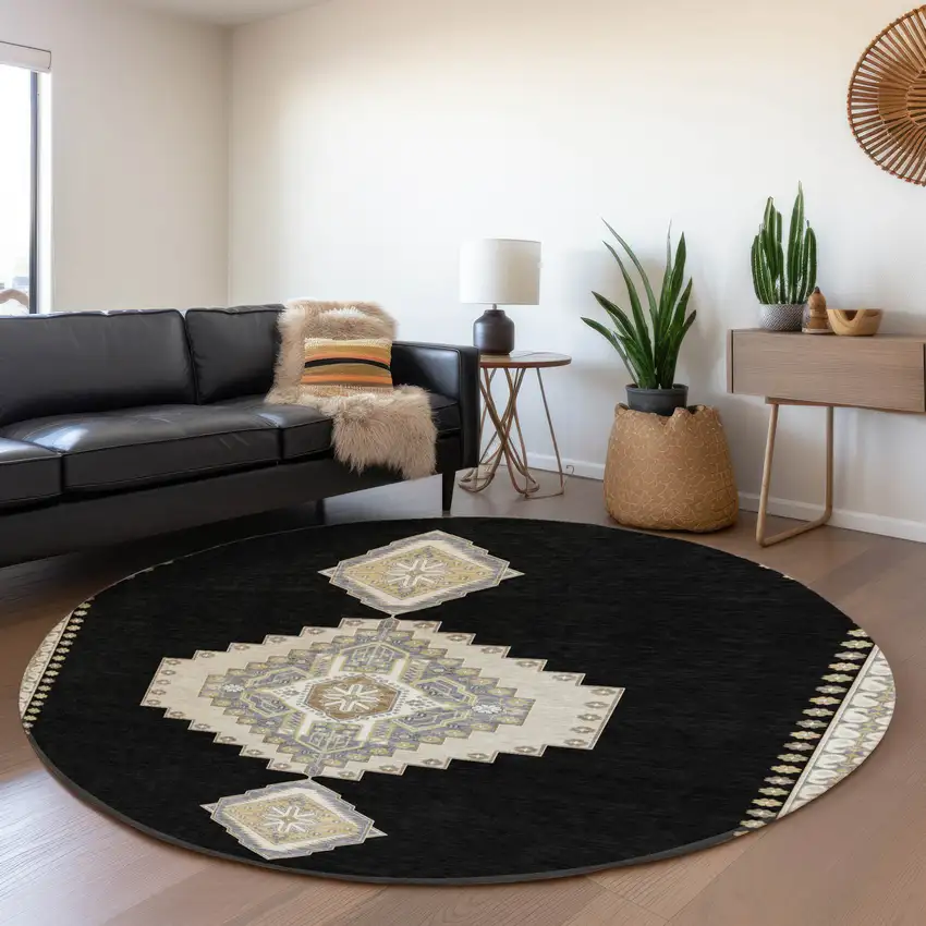 8' Black Beige And Gold Oriental Washable Round Rug With UV Protection Photo 4