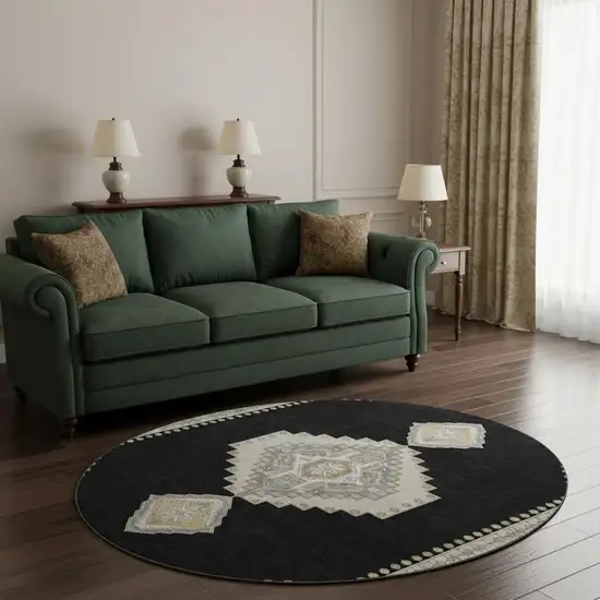 8' Black Beige And Gold Oriental Washable Round Rug With UV Protection Photo 2