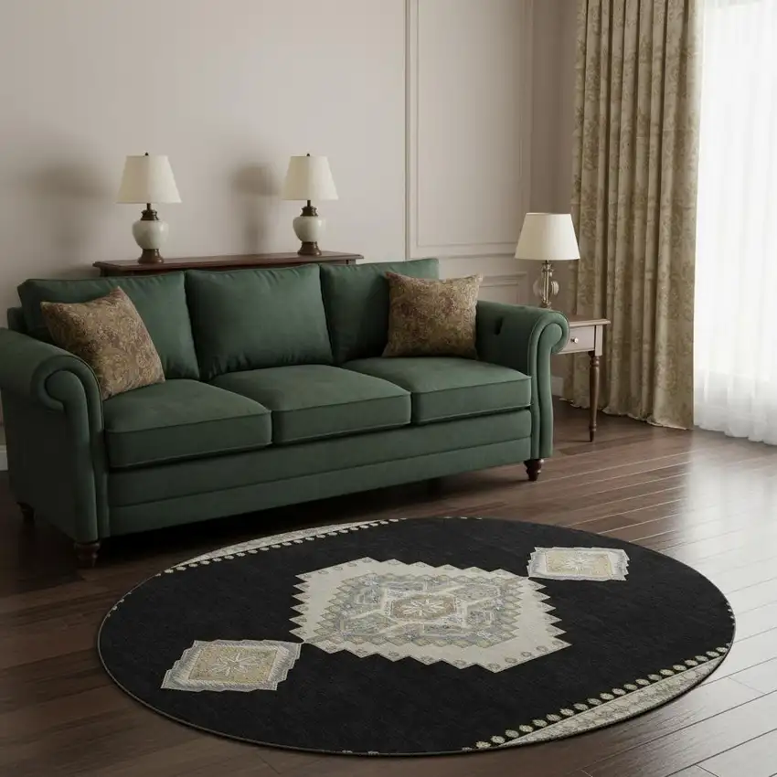 8' Black Beige And Gold Oriental Washable Round Rug With UV Protection Photo 2