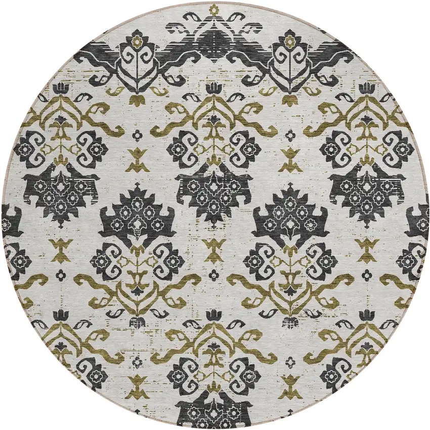 8' Black Beige And Gold Round Oriental Washable Indoor Outdoor Area Rug Photo 1