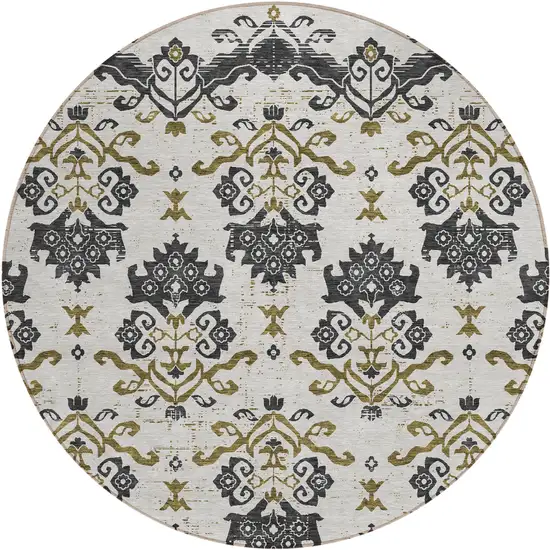 8' Black Beige And Gold Round Oriental Washable Indoor Outdoor Area Rug Photo 1