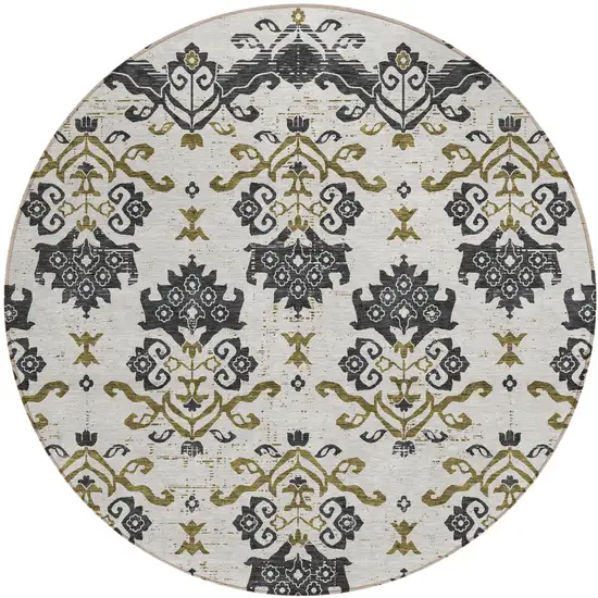 8' Black Beige And Gold Round Oriental Washable Indoor Outdoor Area Rug Photo 1