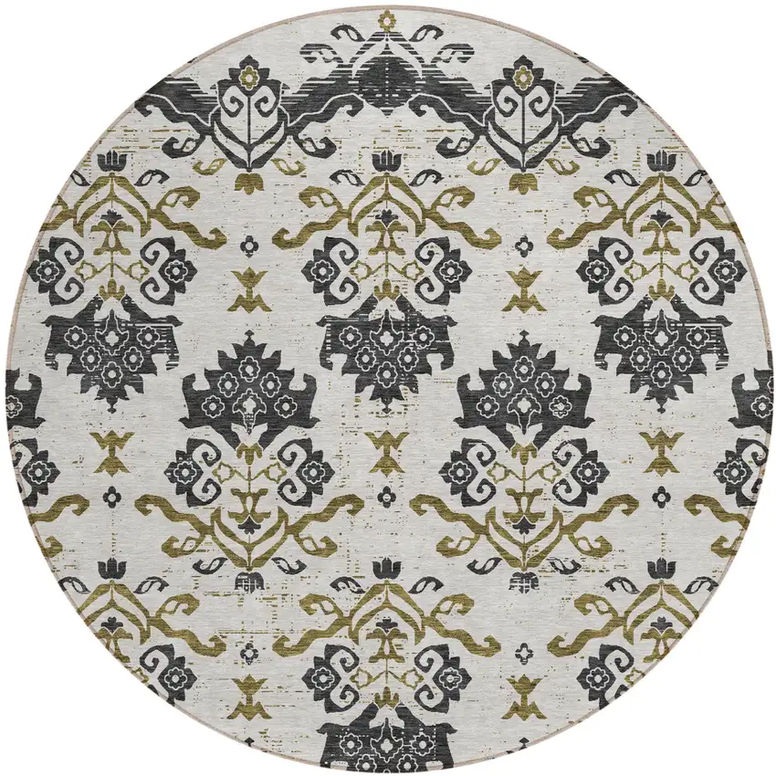 8' Black Beige And Gold Round Oriental Washable Indoor Outdoor Area Rug Photo 1