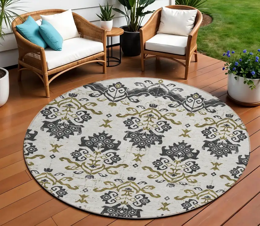 8' Black Beige And Gold Round Oriental Washable Indoor Outdoor Area Rug Photo 1