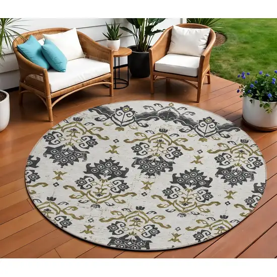 8' Black Beige And Gold Round Oriental Washable Indoor Outdoor Area Rug Photo 1