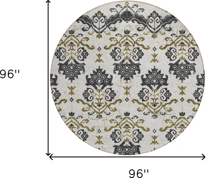 8' Black Beige And Gold Round Oriental Washable Indoor Outdoor Area Rug Photo 8