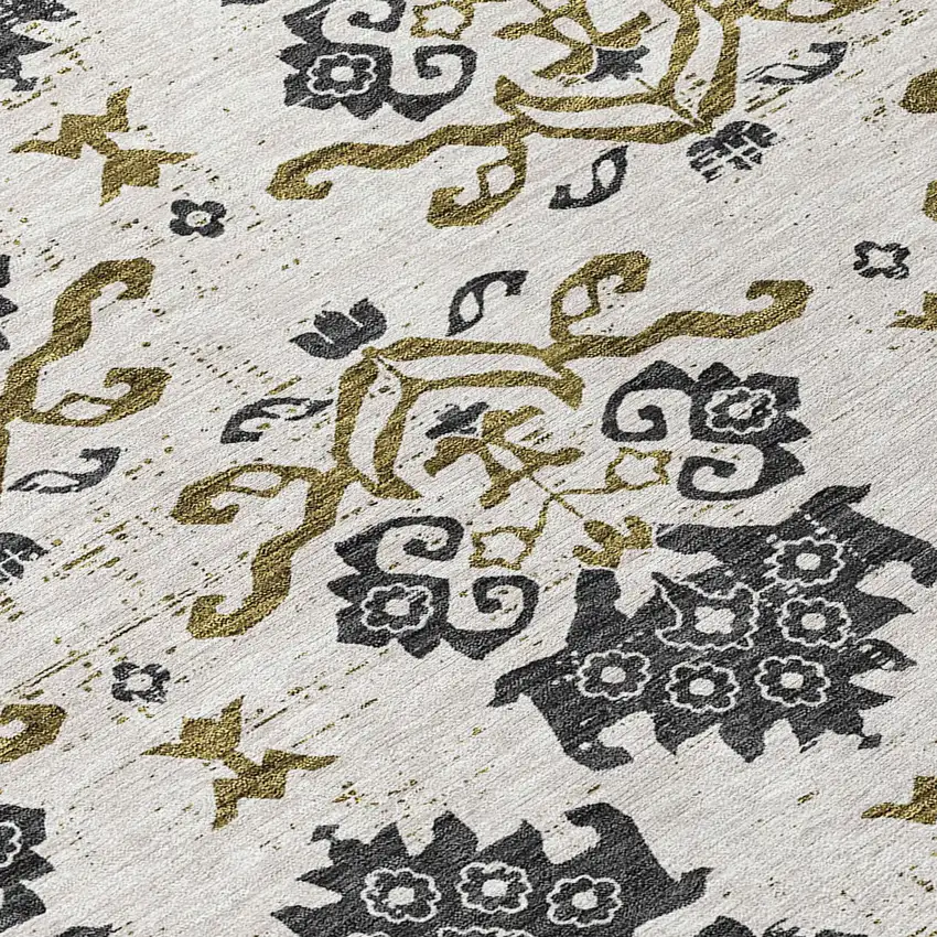 8' Black Beige And Gold Round Oriental Washable Indoor Outdoor Area Rug Photo 9