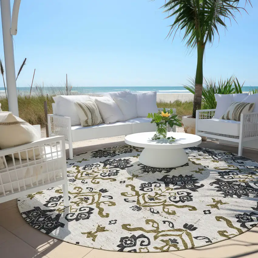 8' Black Beige And Gold Round Oriental Washable Indoor Outdoor Area Rug Photo 6