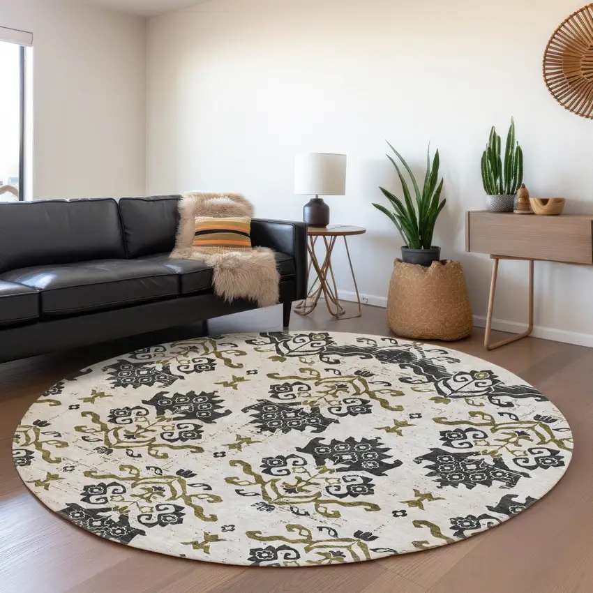 8' Black Beige And Gold Round Oriental Washable Indoor Outdoor Area Rug Photo 7