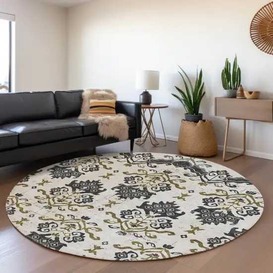 8' Black Beige And Gold Round Oriental Washable Indoor Outdoor Area Rug Photo 7
