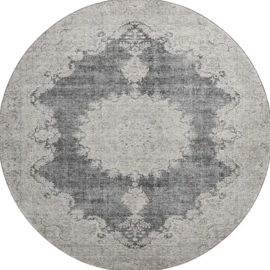 8' Black Beige And Gray Oriental Washable Round Rug With UV Protection Photo 2