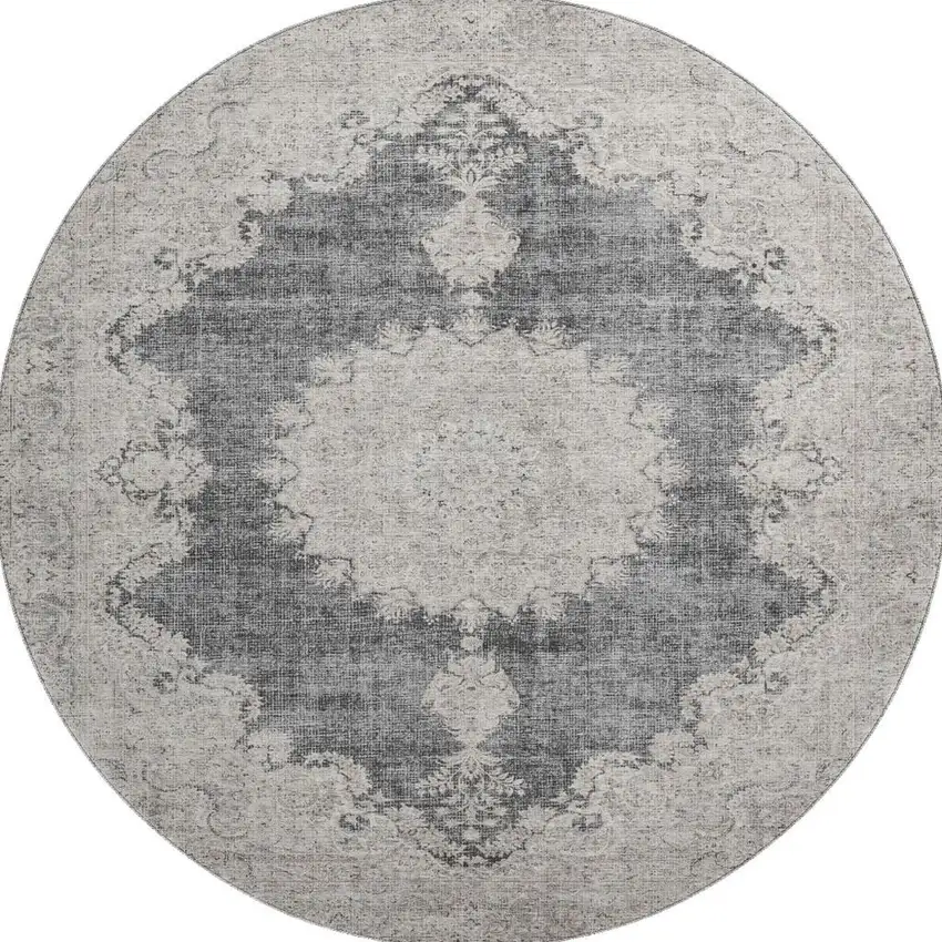 8' Black Beige And Gray Oriental Washable Round Rug With UV Protection Photo 2