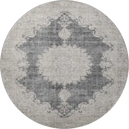 8' Black Beige And Gray Oriental Washable Round Rug With UV Protection Photo 3
